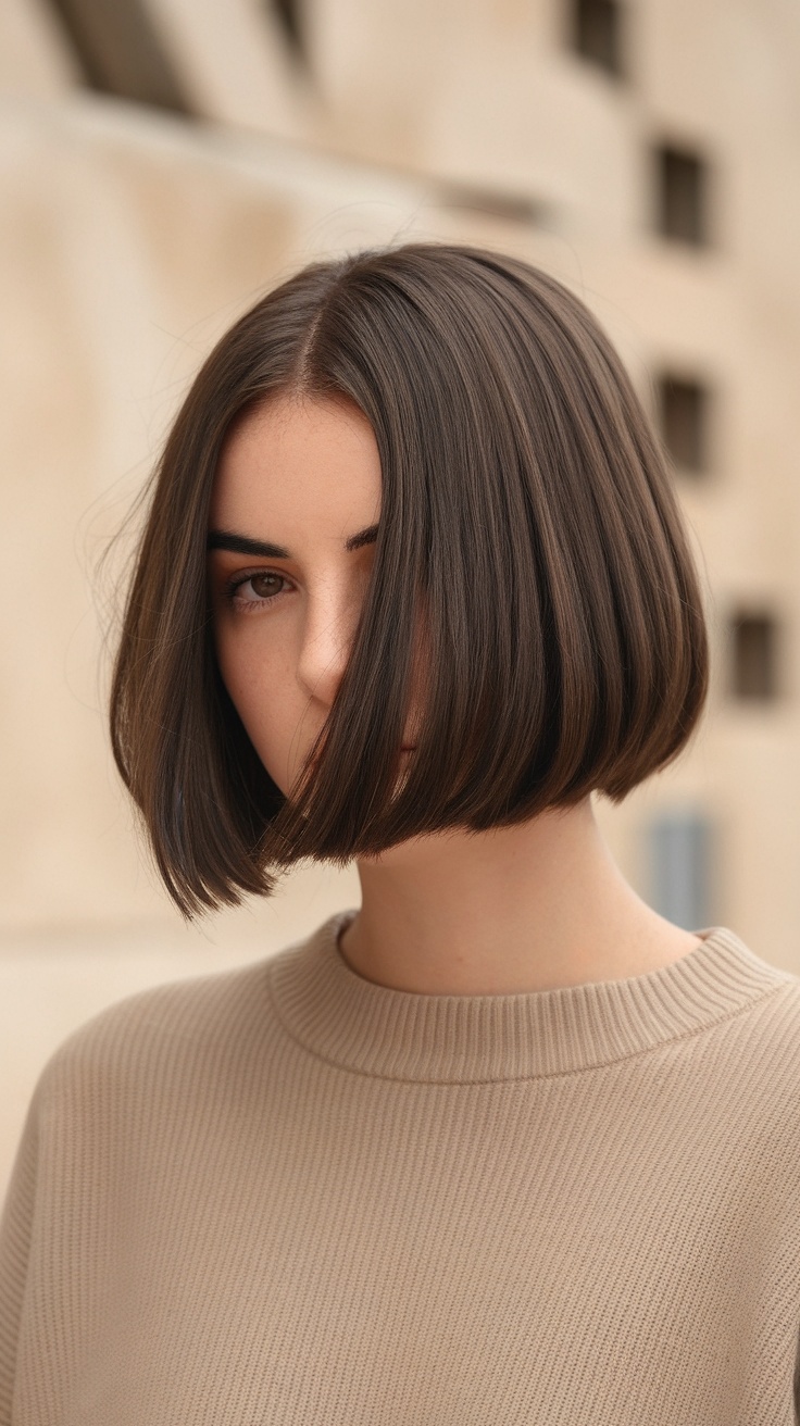 A woman with an asymmetrical bob hairstyle, one side longer than the other, showcasing a chic look.