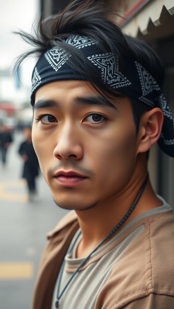 A young man wearing a black bandana, showcasing a trendy hairstyle.