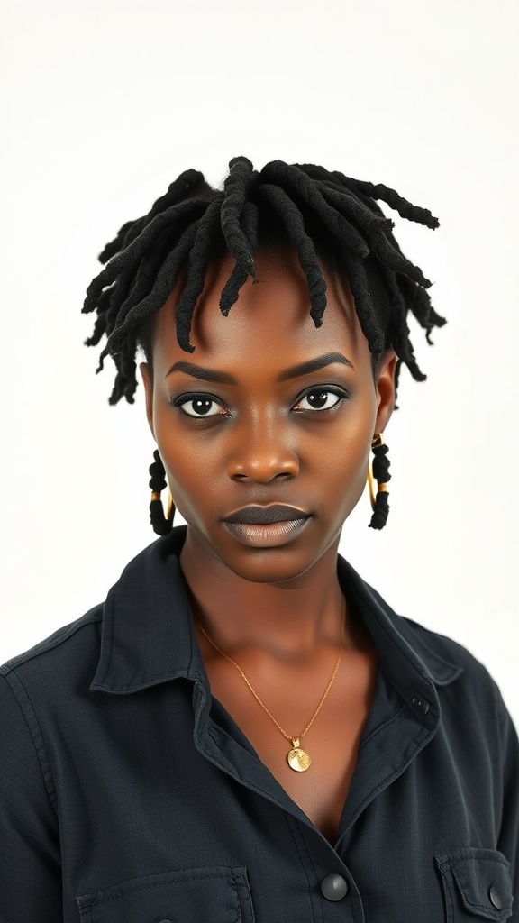 A woman with short bantu knot locs, wearing gold earrings and a black shirt.