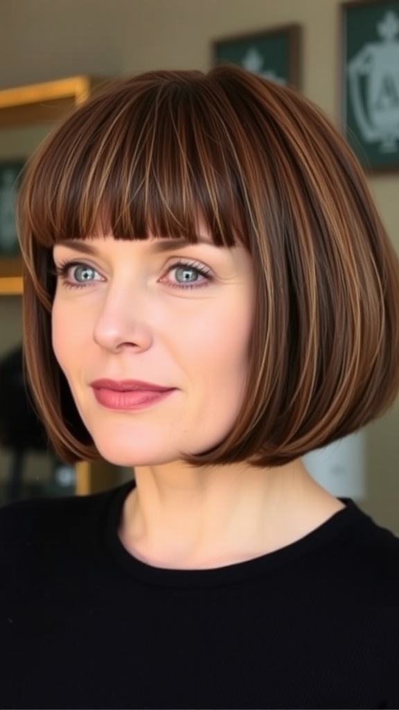 A woman with a stylish blunt bob hairstyle, featuring brown hair with highlights and bangs.