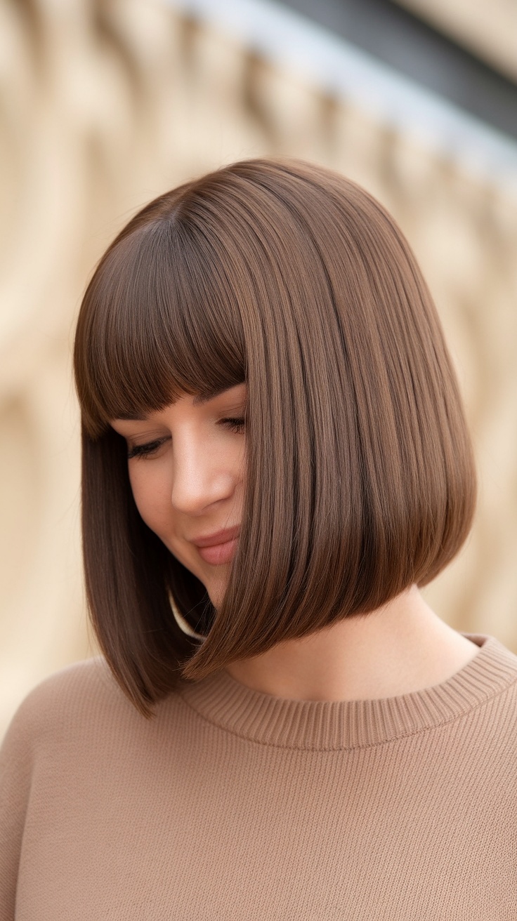 A woman with a blunt cut bob hairstyle, smiling softly.