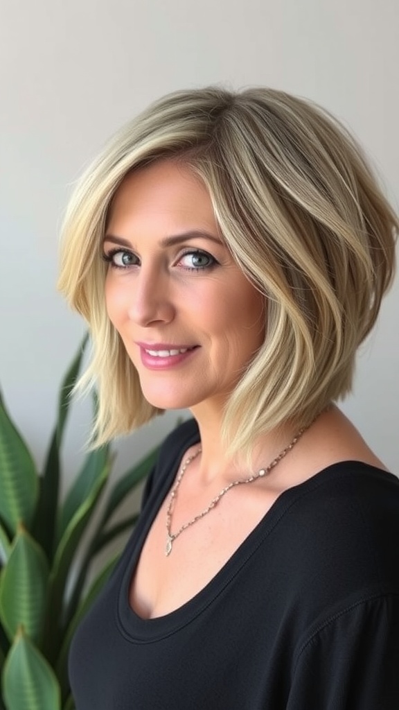 A woman with a layered bob haircut and side part, smiling softly.