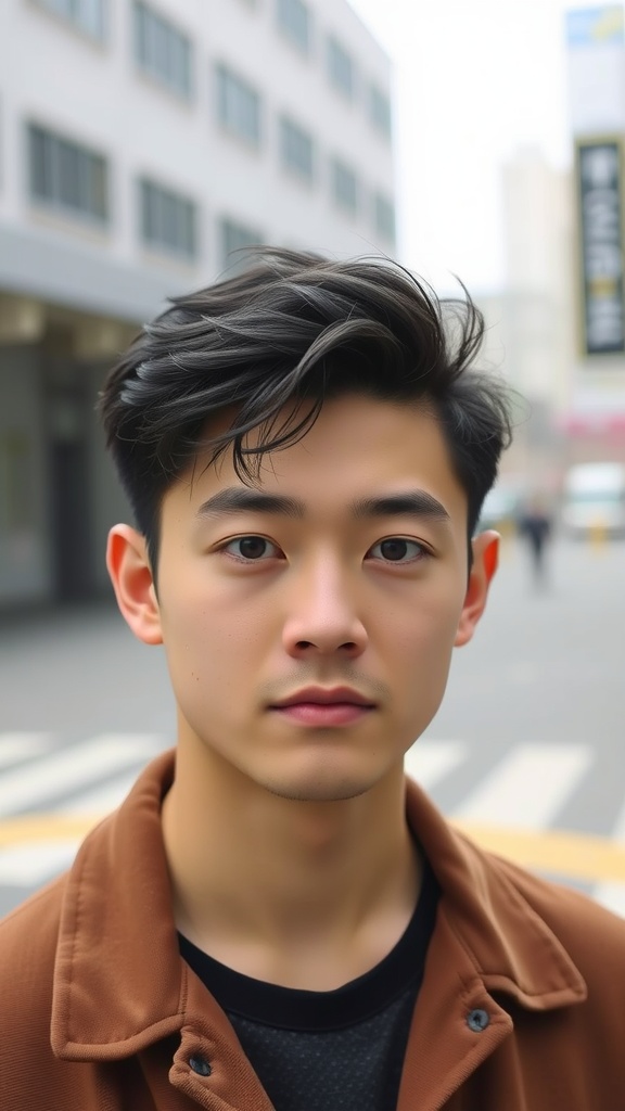 A young man with a stylish brush back hairstyle, wearing a brown jacket.