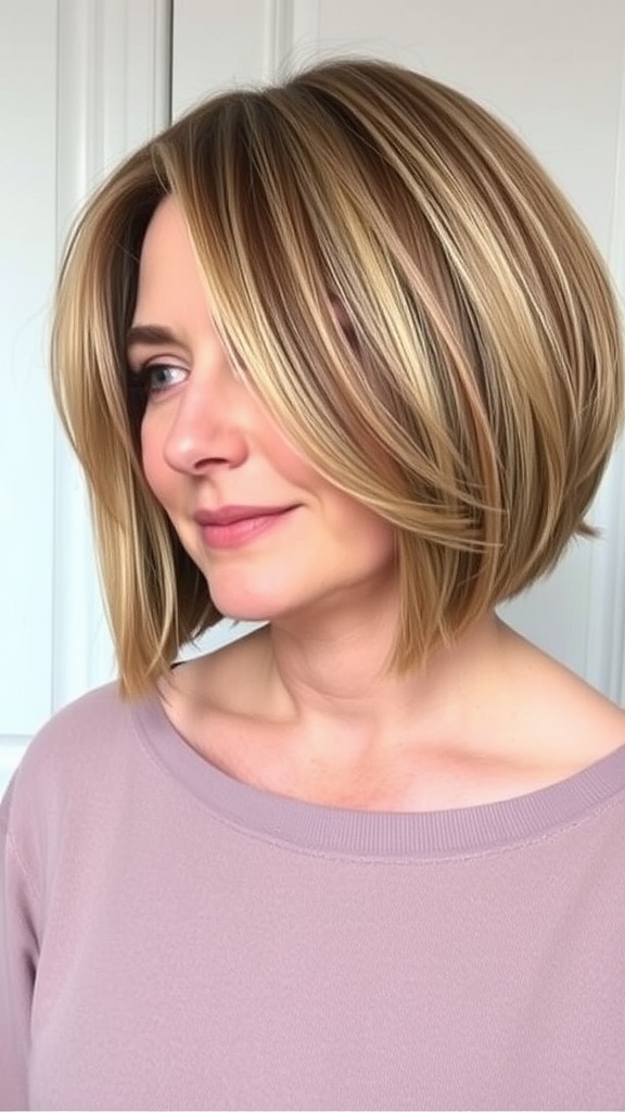 A woman with a chin-length bob hairstyle, showcasing volume and highlights.