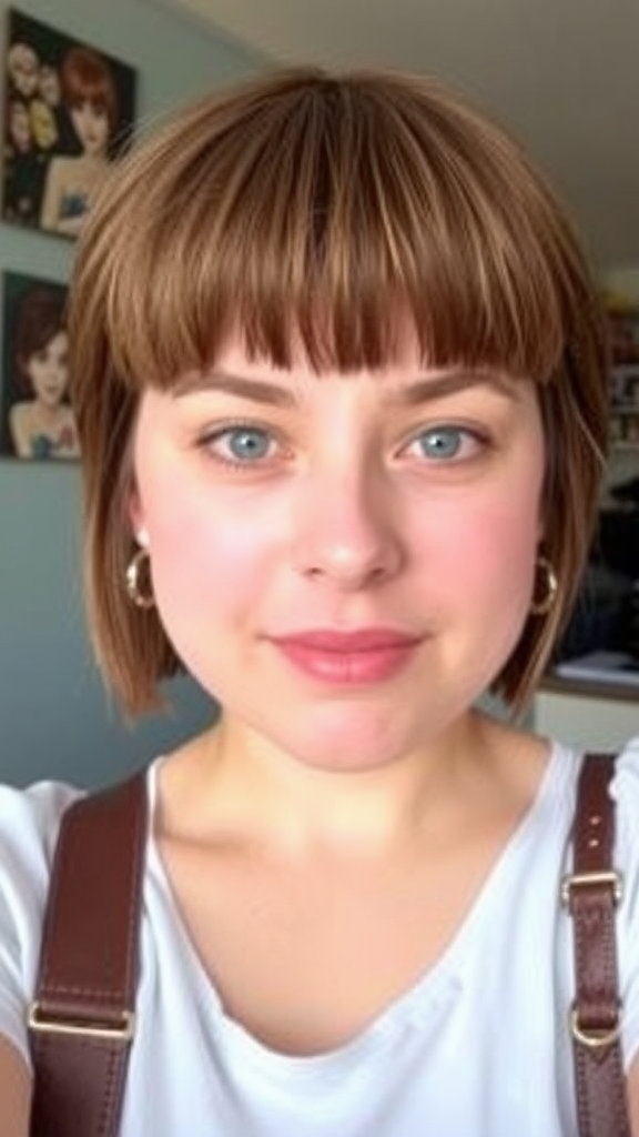 A woman with a stylish short haircut and bangs, showcasing a trendy look for chubby faces.