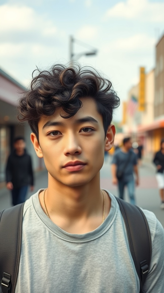 A young man with curly hair wearing a casual outfit, looking confidently at the camera.