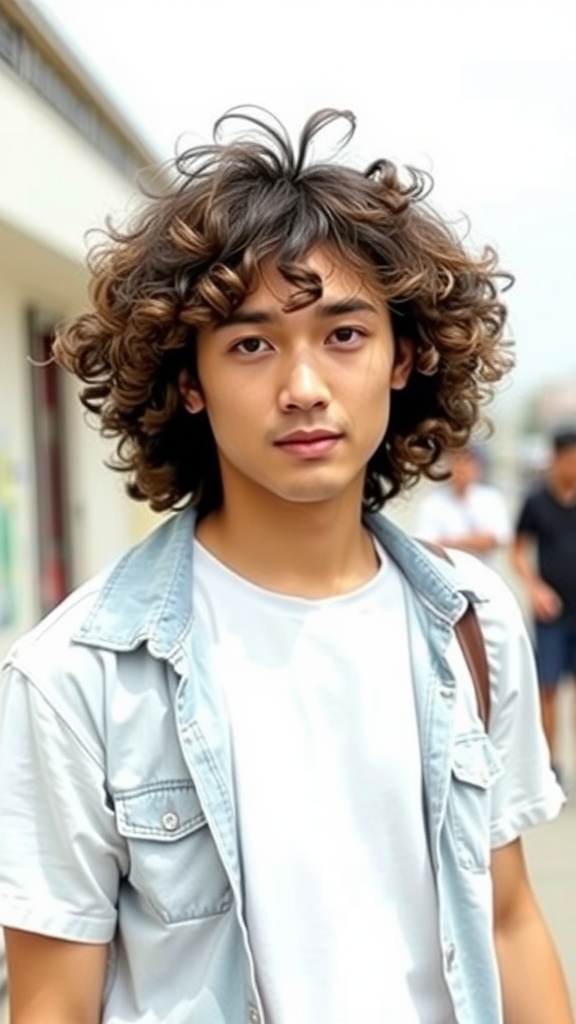 A young man with long curly hair, wearing a light denim jacket and a white t-shirt.