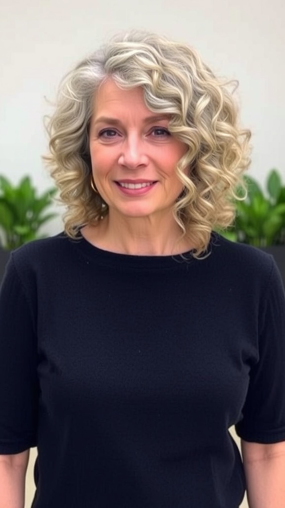 A woman with beautiful curly shag hairstyle, smiling and wearing a black shirt.