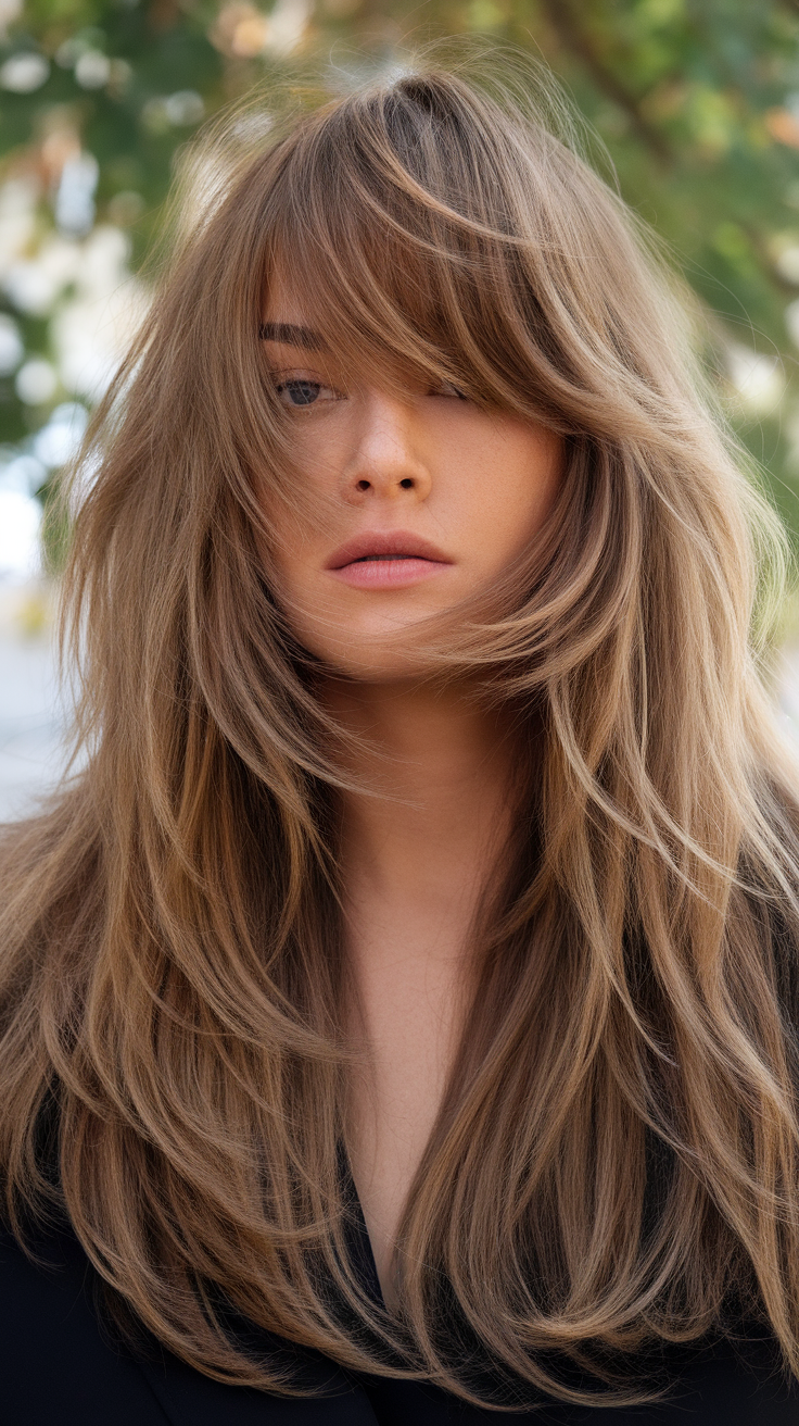 A woman with long hair and curtain bangs, showcasing a stylish look.