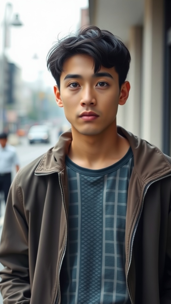 A young man with tousled hair, wearing a casual outfit, standing outdoors.