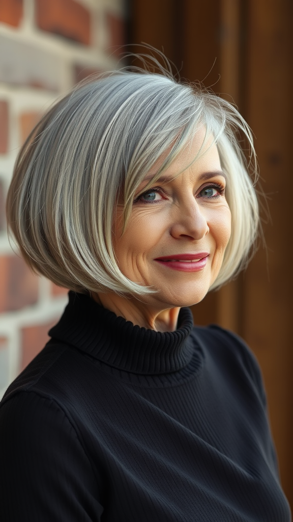 A stylish inverted bob haircut with highlights, showcasing the trendy look for women over 50.