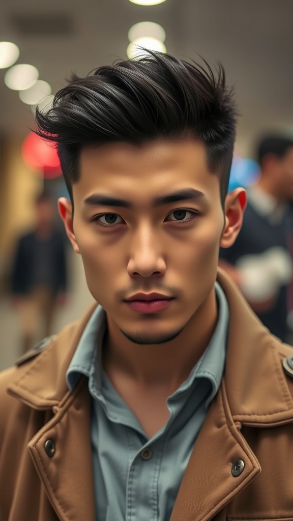 A man with a stylish haircut and a serious expression, showcasing a trendy hairstyle suitable for a diamond face shape.