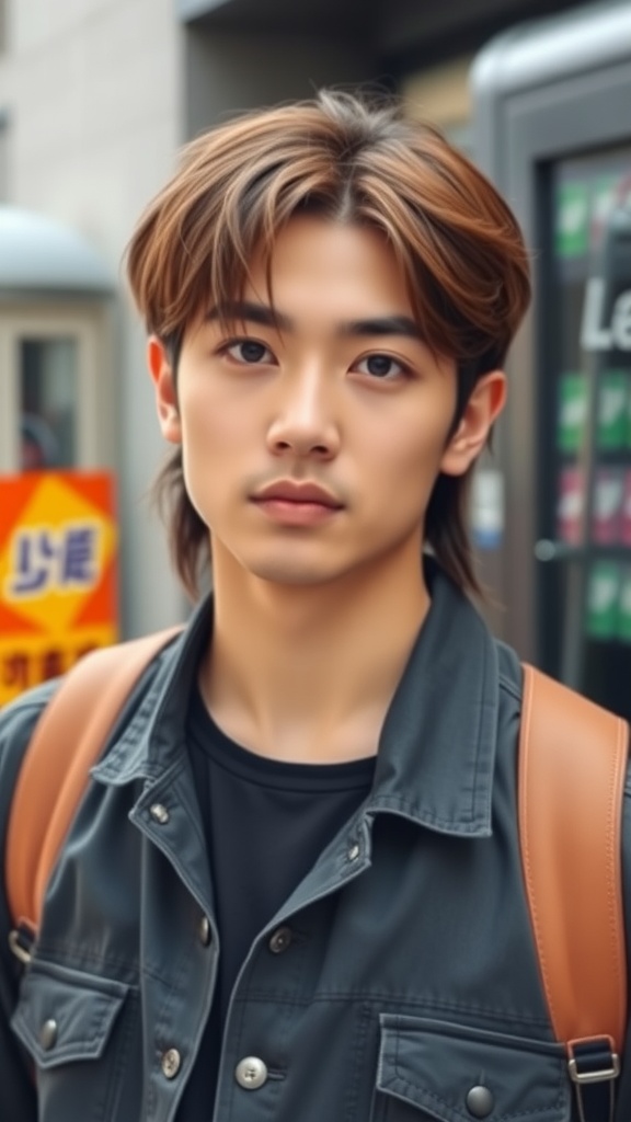 A young man with a Korean mullet hairstyle, wearing a black shirt and a jacket, looking confidently at the camera.