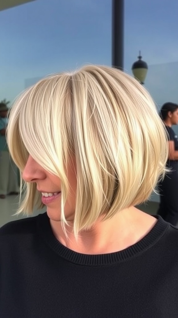 A woman with a layered bob haircut, showcasing a modern and stylish look.