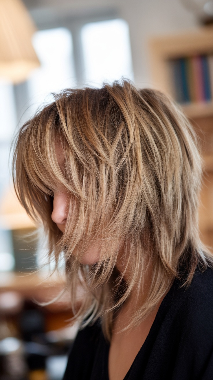 A woman with layered shag haircut, showcasing texture and volume.