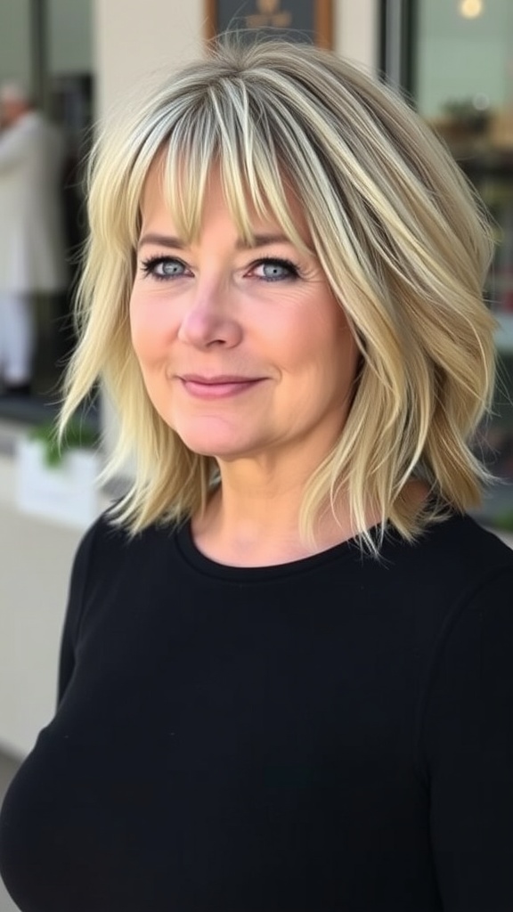 A woman with a layered shoulder cut and fringed bangs, smiling softly.