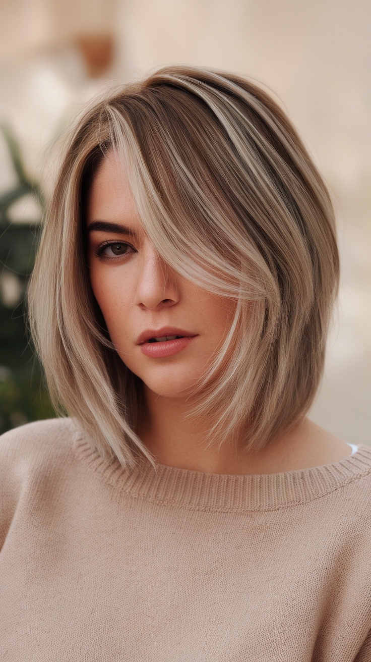 A woman with a lob haircut featuring a side part, showcasing a stylish and modern look.