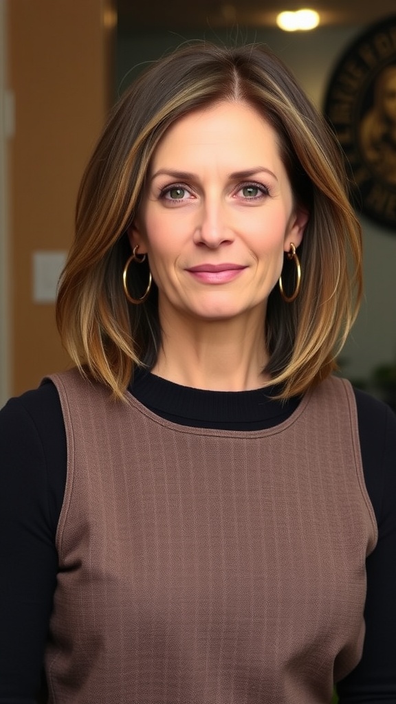 A woman with a long bob hairstyle, looking confident and stylish.