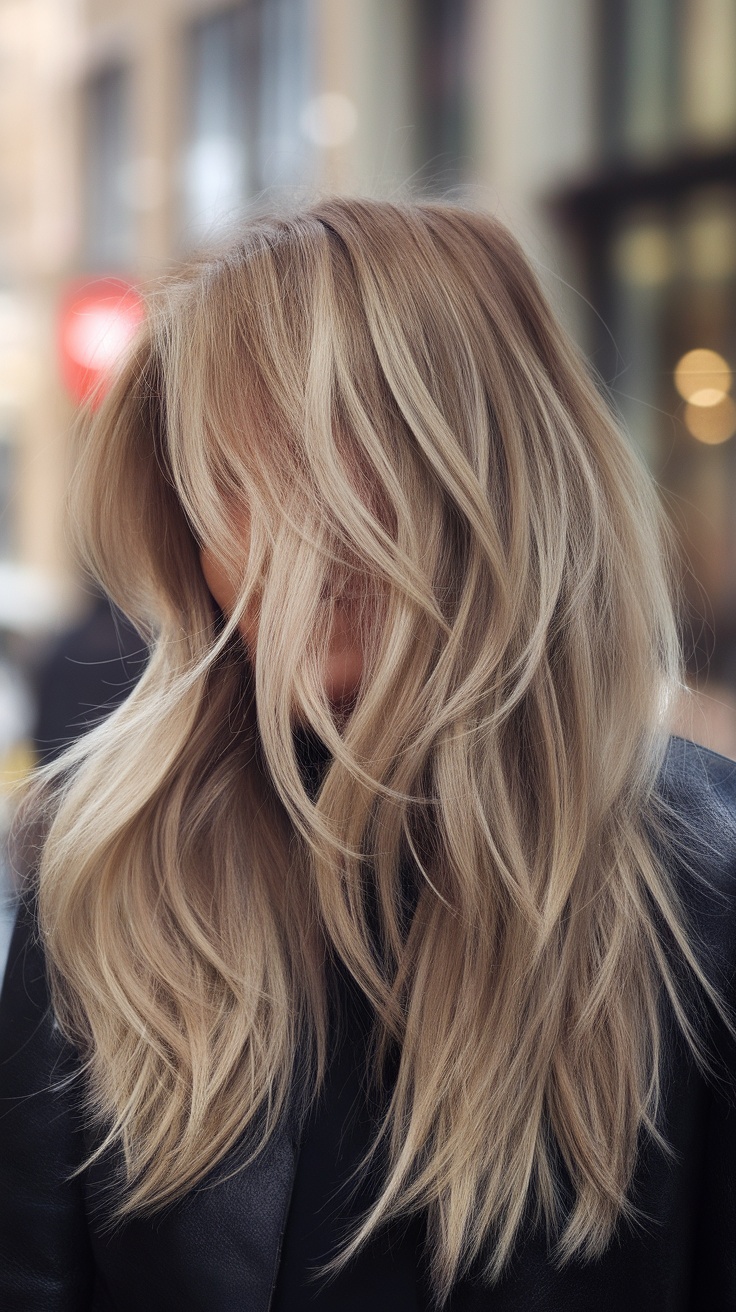 A woman with long, wavy blonde hair blowing in the wind, showcasing soft layers.