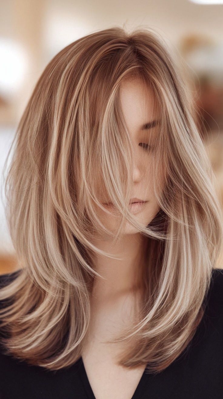 A woman with medium-length hair featuring subtle layers, creating a voluminous look.