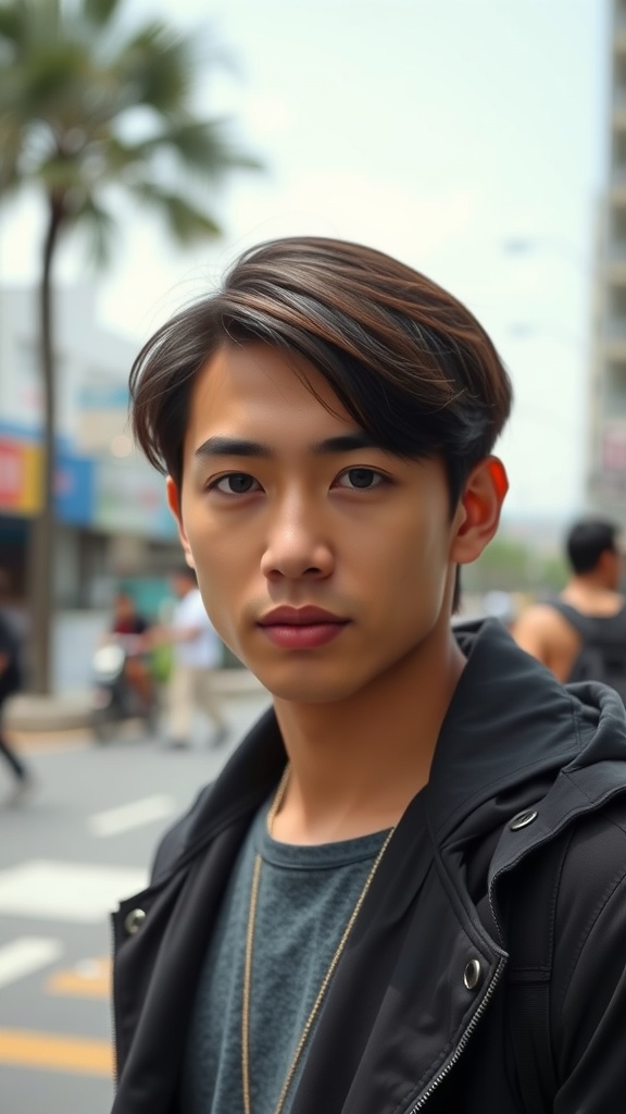 A young man with medium straight hair styled casually, showcasing a trendy Korean hairstyle.