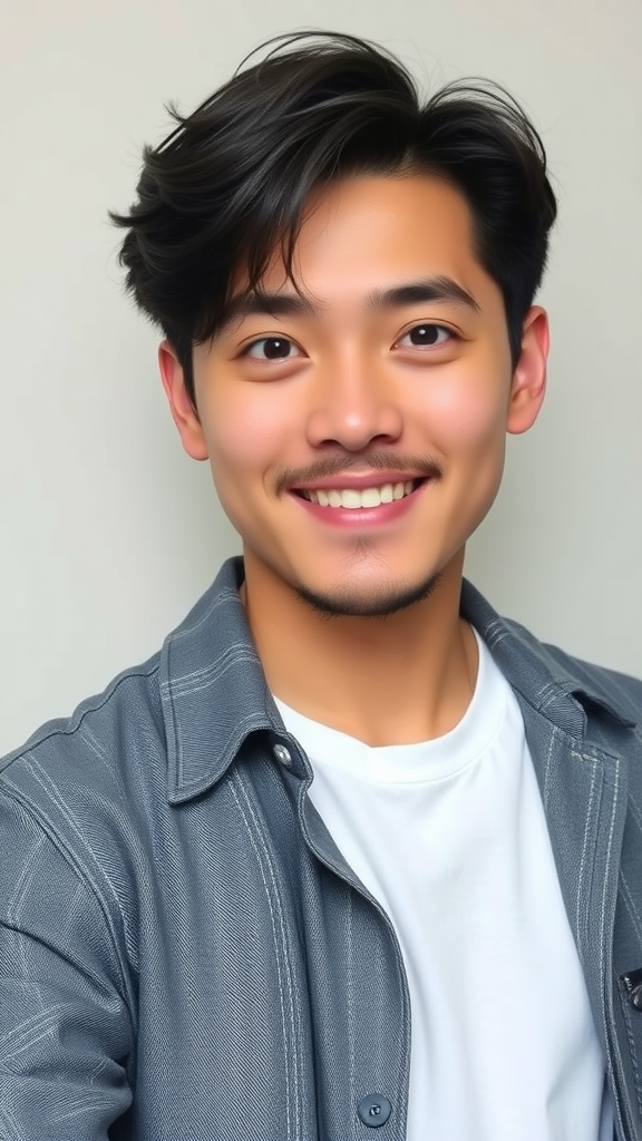 A young man with medium-length hair styled in layers, smiling in a casual setting.