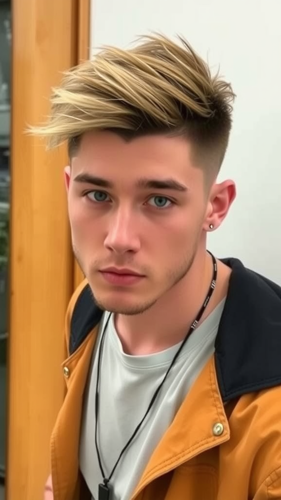 A young man with a mid part Korean undercut hairstyle, wearing a beige jacket over a black shirt.