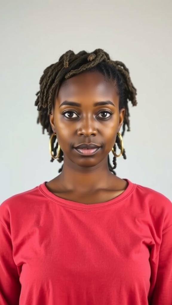 A woman with short locs styled elegantly, wearing a red top and large hoop earrings.