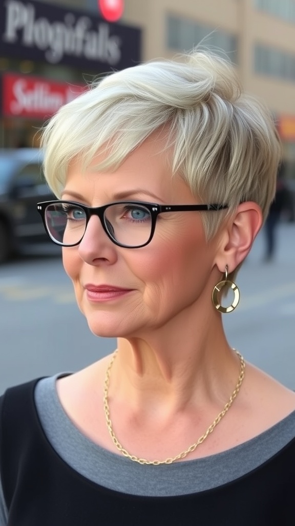 A woman with a stylish pixie cut, wearing glasses and earrings, smiling confidently.