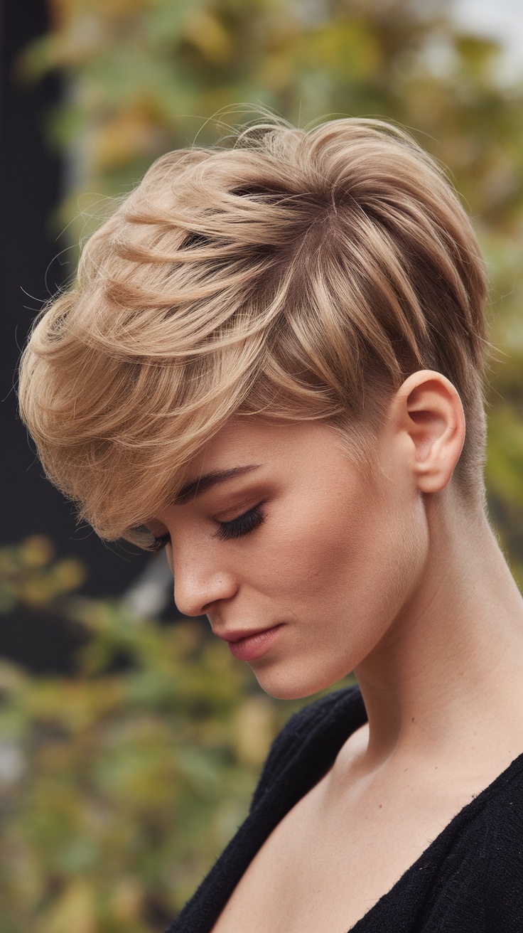 Close-up of a woman with a stylish pixie cut showcasing volume on top.