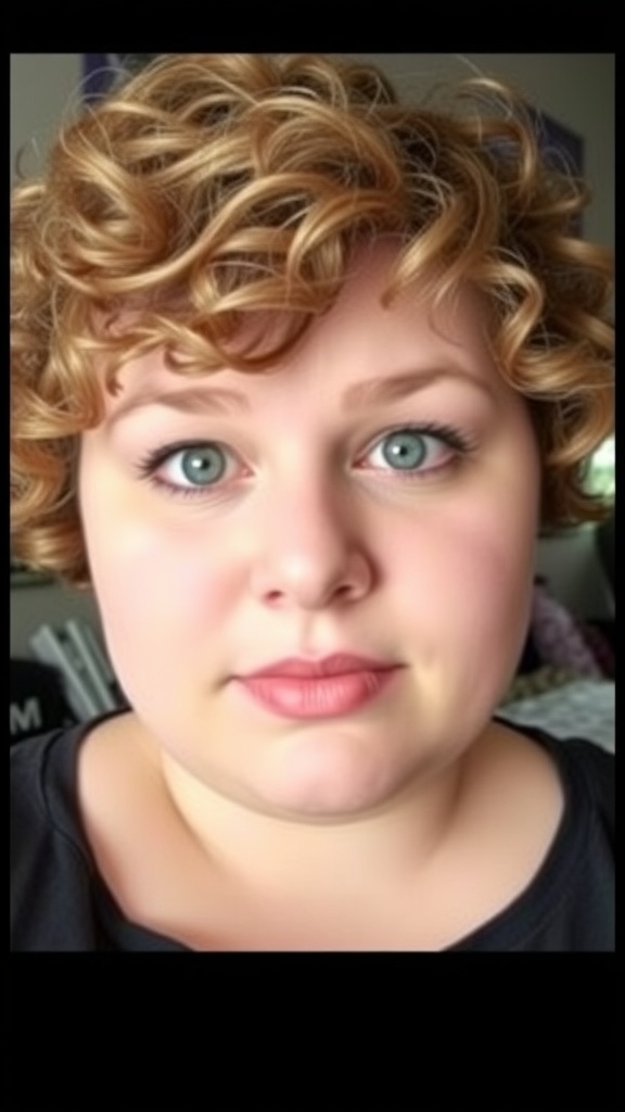 A woman with short curly hair smiling at the camera.