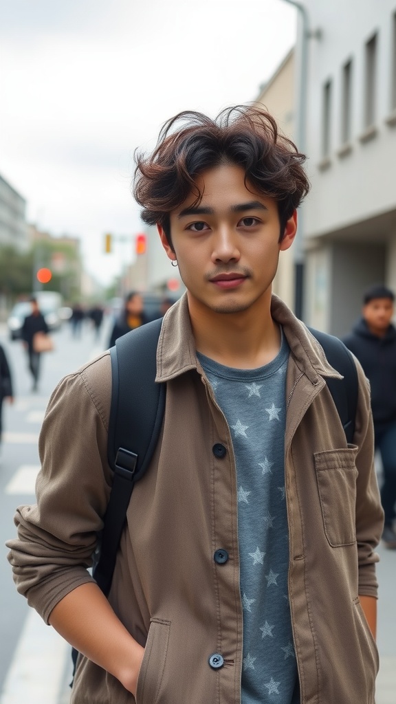 Young man with semi-curly hair wearing a brown jacket and gray star-patterned shirt, standing on a city street.