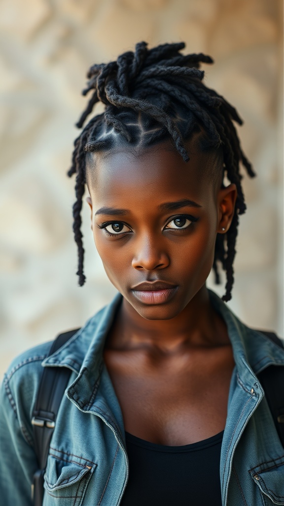 A woman with shaved sides and styled locs, showcasing a trendy look for short hair.