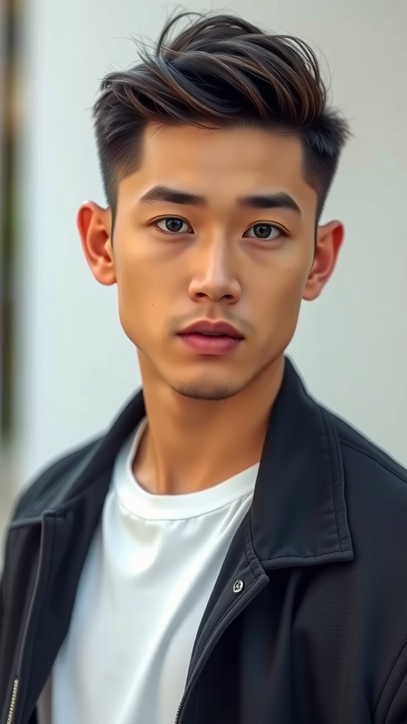 A young man with a stylish short hairstyle, wearing a black jacket and standing on a city street.