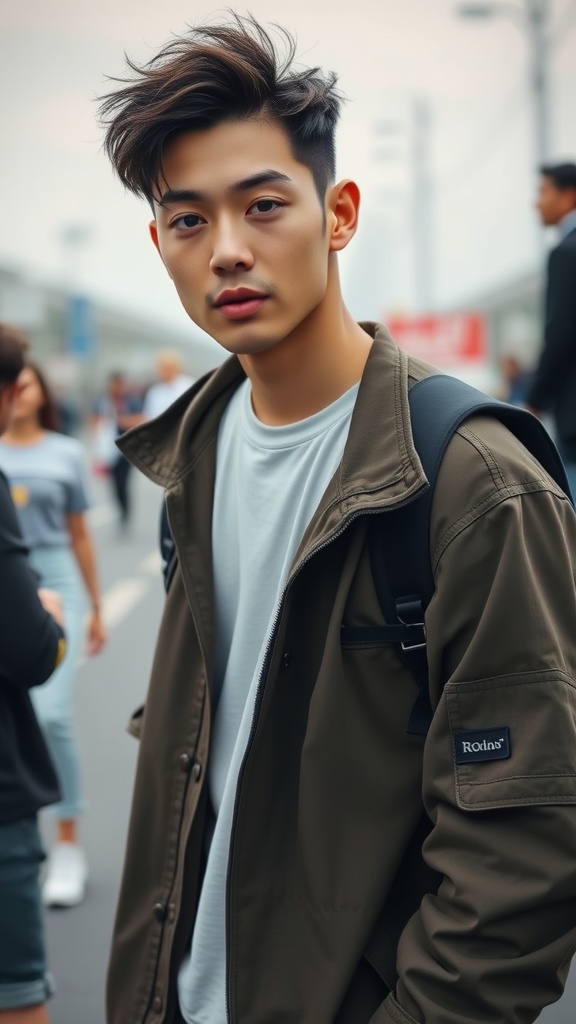 A young man with a stylish short haircut and casual outfit, standing in an urban setting.