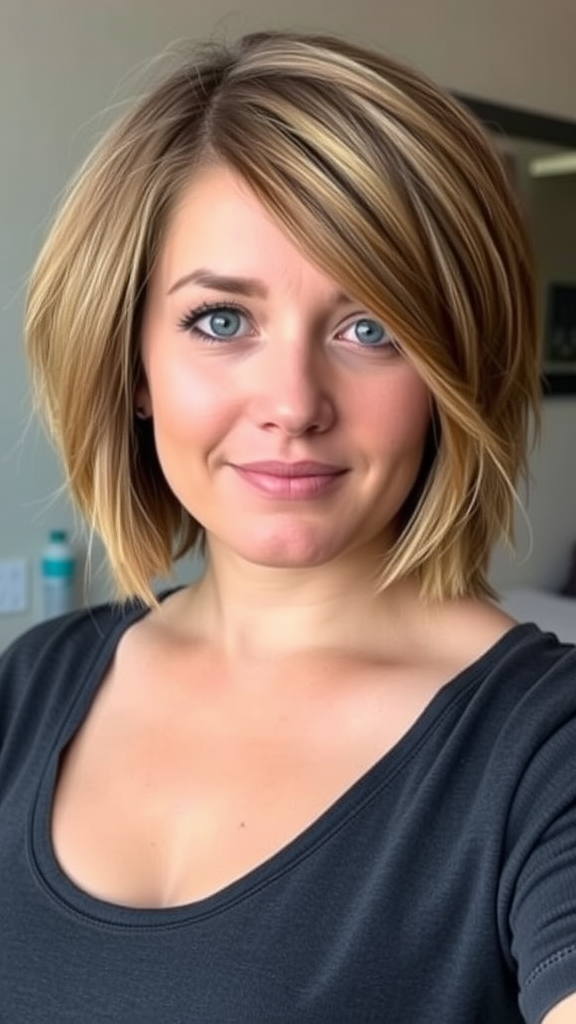 A woman with short layered shoulder-length hair, smiling softly in a cafe.