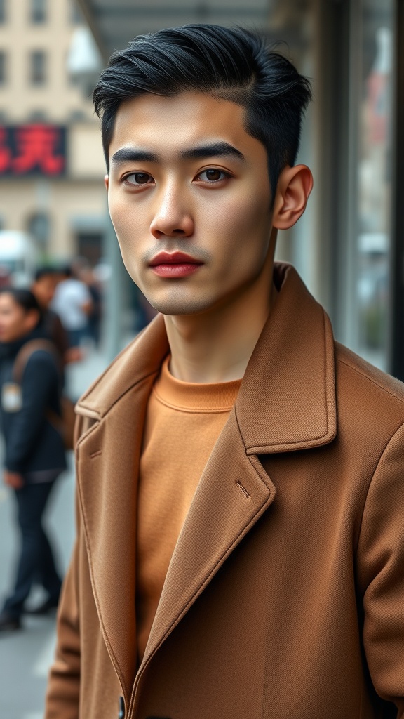 A stylish young man with slicked back hair, wearing a brown coat, standing in a vibrant urban setting.