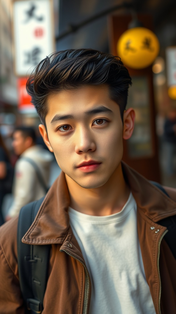 A young man with a stylish hairstyle, wearing a brown jacket and standing in a vibrant urban setting.