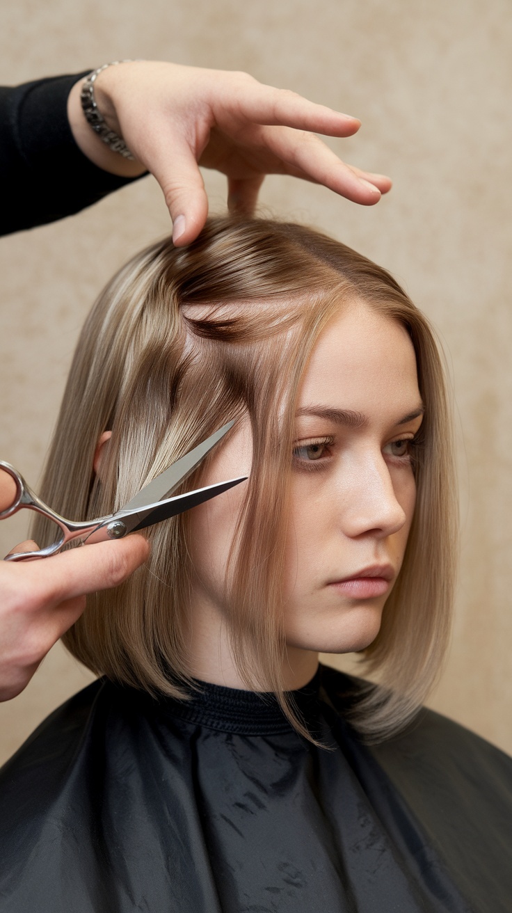 A hairstylist cutting a woman's hair into a soft blunt cut.