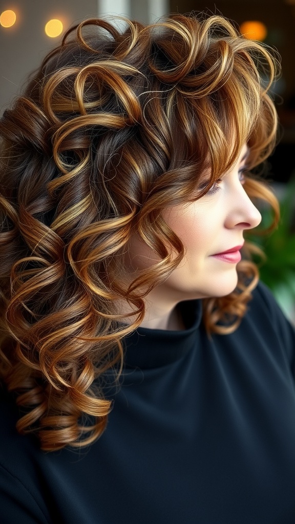 A woman with soft, voluminous curls, showcasing a rich blend of warm hair colors.