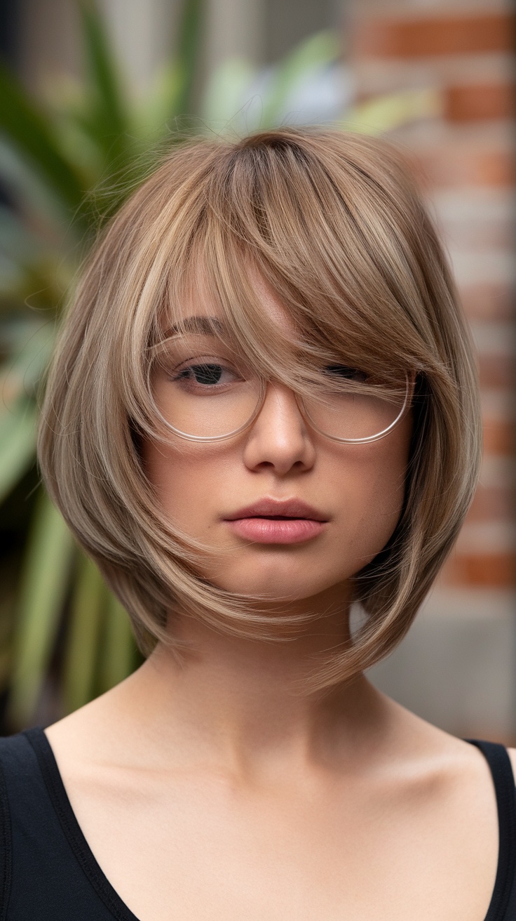 A woman with a stylish stacked bob haircut, featuring soft layers and a modern look.