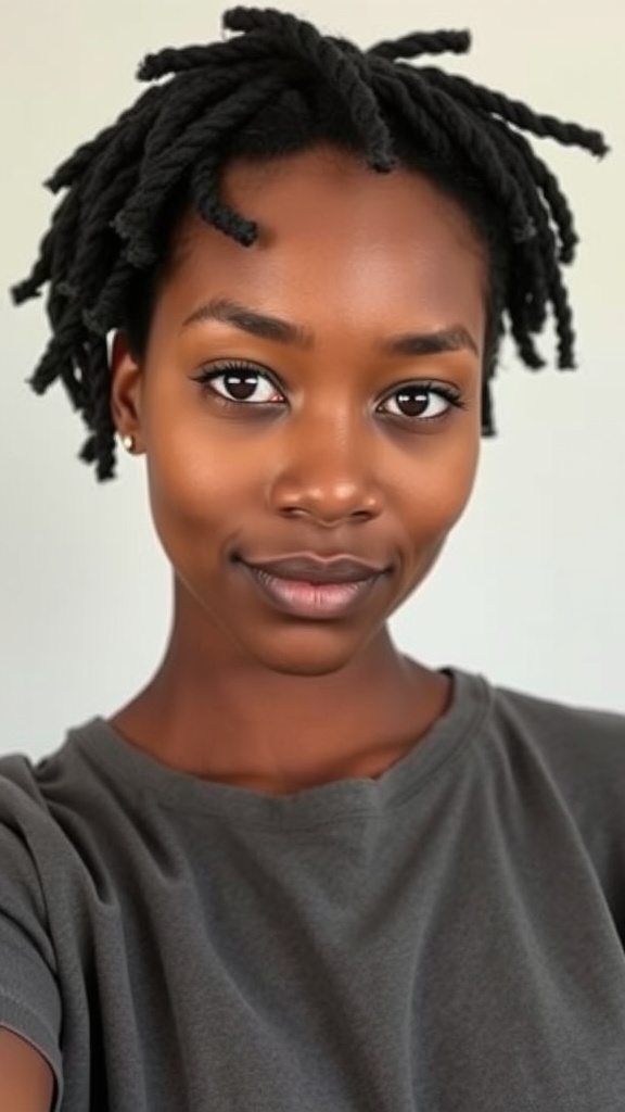 A young Black woman with short locs, smiling at the camera.