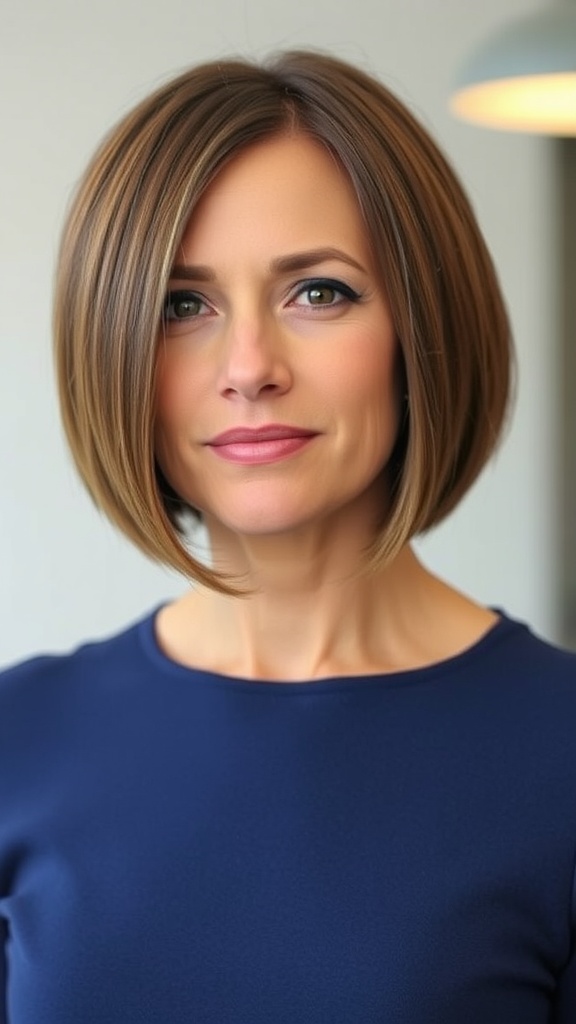 A woman with straight, sleek hair, showcasing a modern bob haircut.