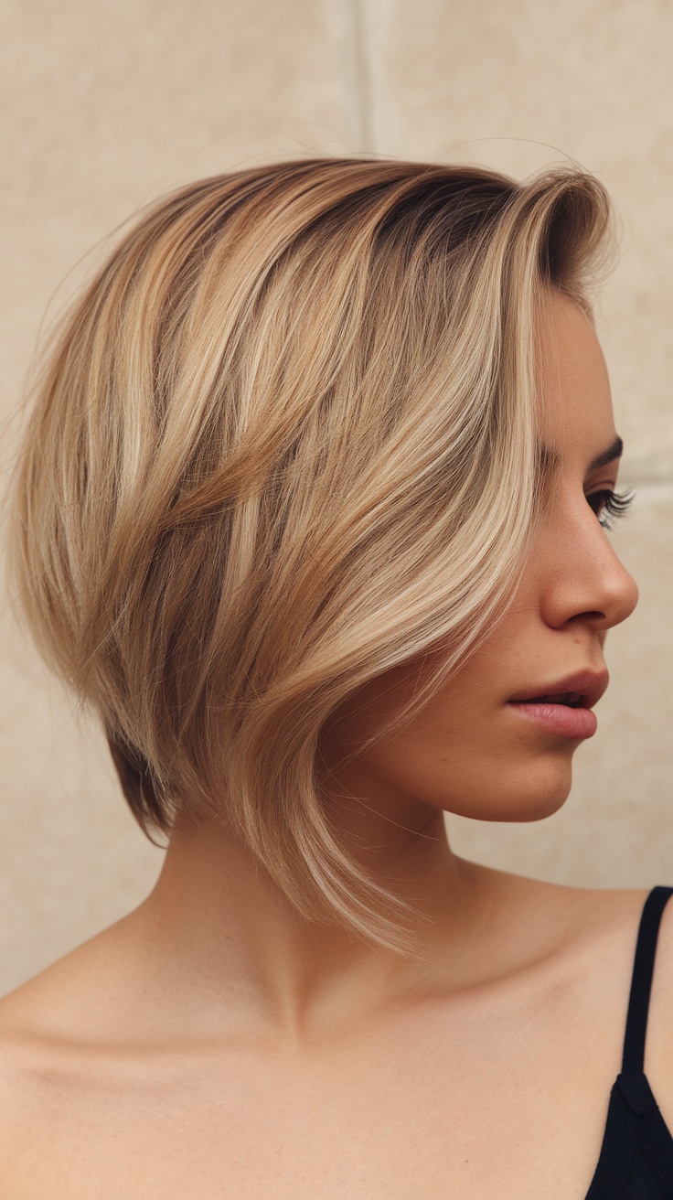 A woman with a stylish tapered haircut, showcasing volume and movement.