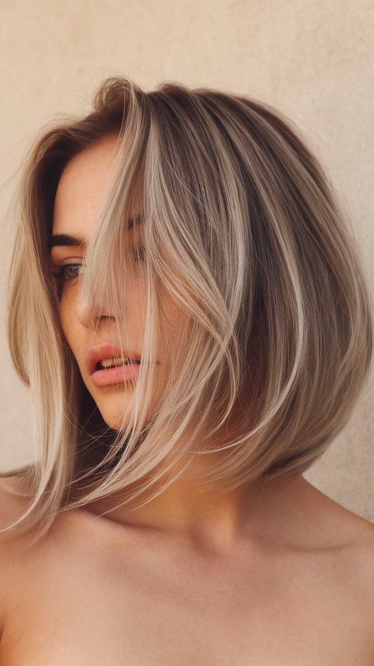 A close-up of a woman with a textured bob hairstyle, showcasing layered, voluminous hair.