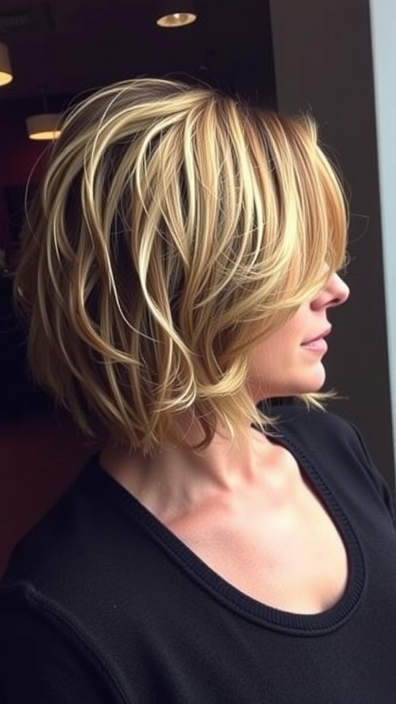 A woman with a textured bob haircut featuring highlights.