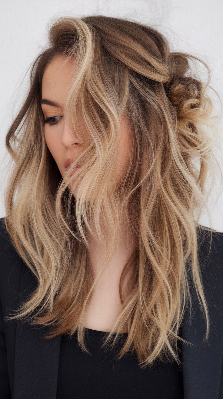 A woman with a textured lob haircut featuring soft curls.