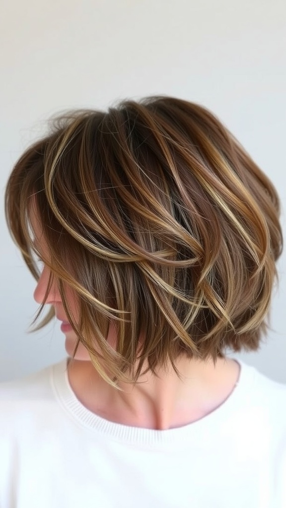 A stylish textured shag haircut with layers and highlights.