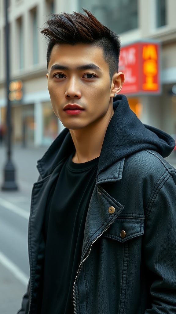 A young man with an undercut hairstyle, showcasing short sides and longer hair on top, wearing a black jacket.