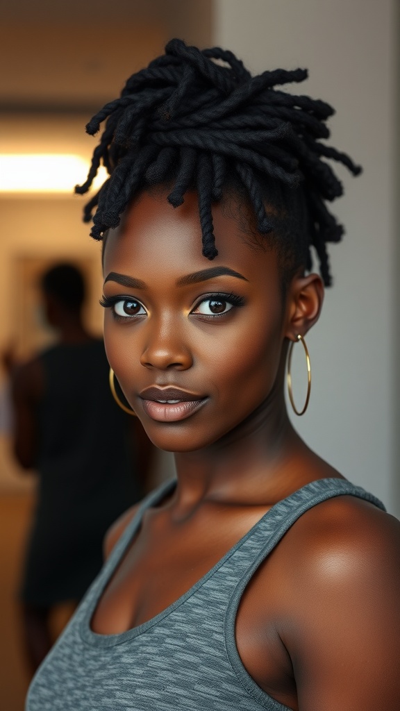 A woman with styled updo locs, showcasing short hair.